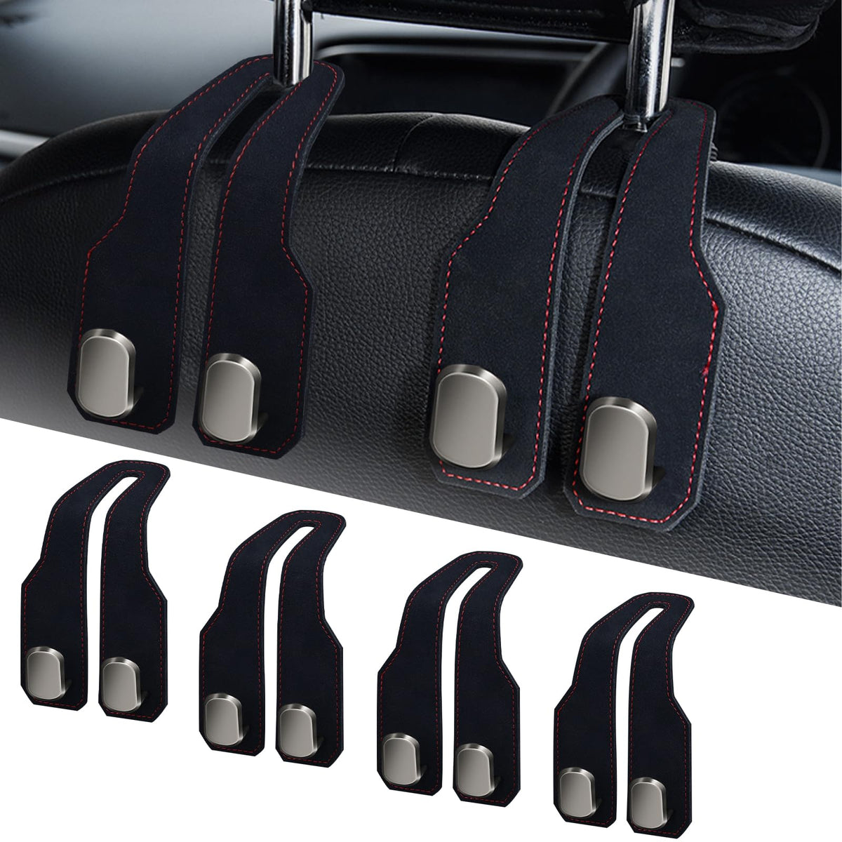 Car Purse Hook, Car Seat Headrest Hooks, Grey Leather 2 Pack