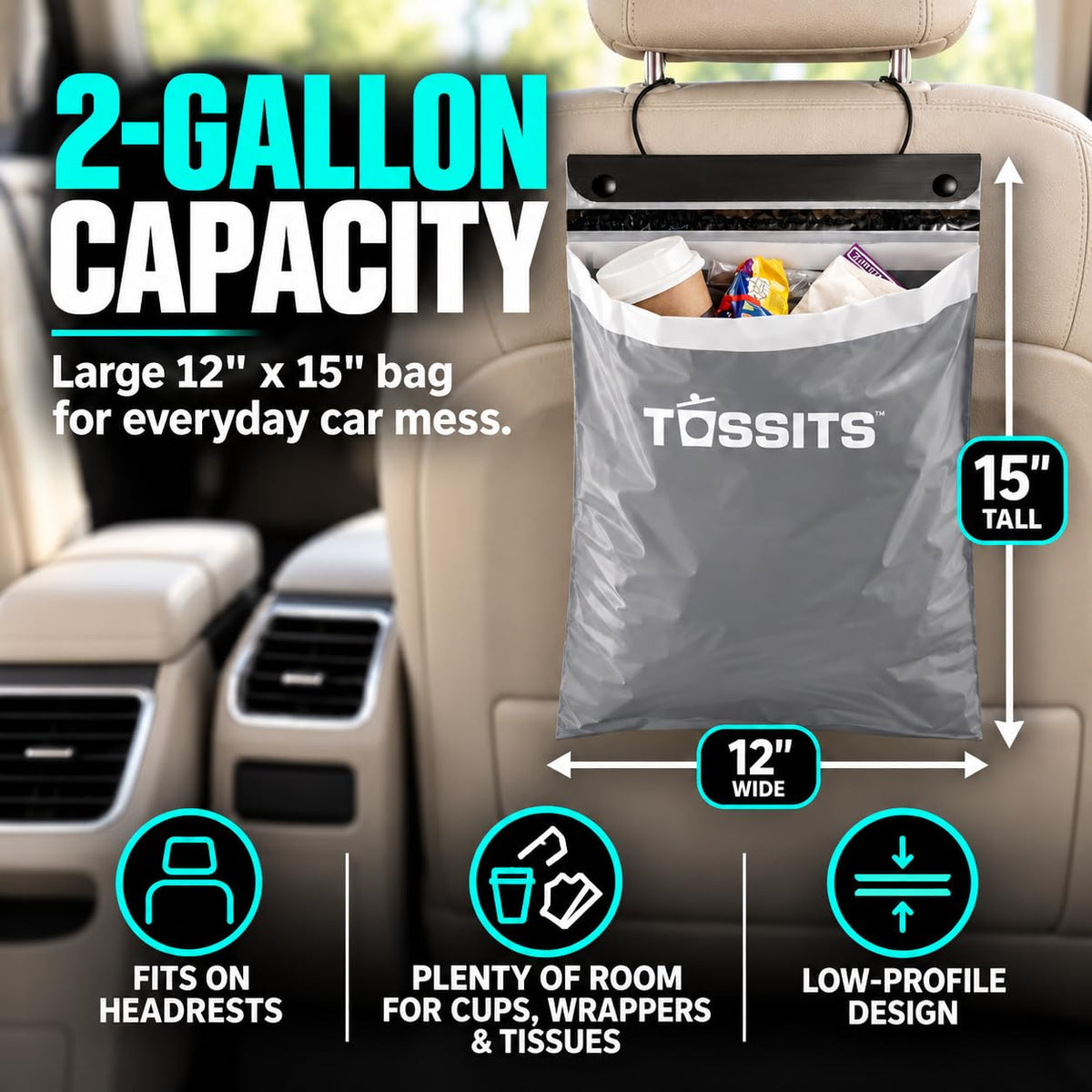 Tossits Hanging Car Trash & Garbage Bags, Disposable, Gray 7 Count