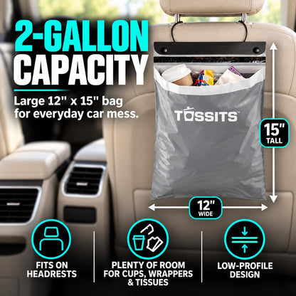 Tossits Hanging Car Trash & Garbage Bags, Disposable, Gray 7 Count
