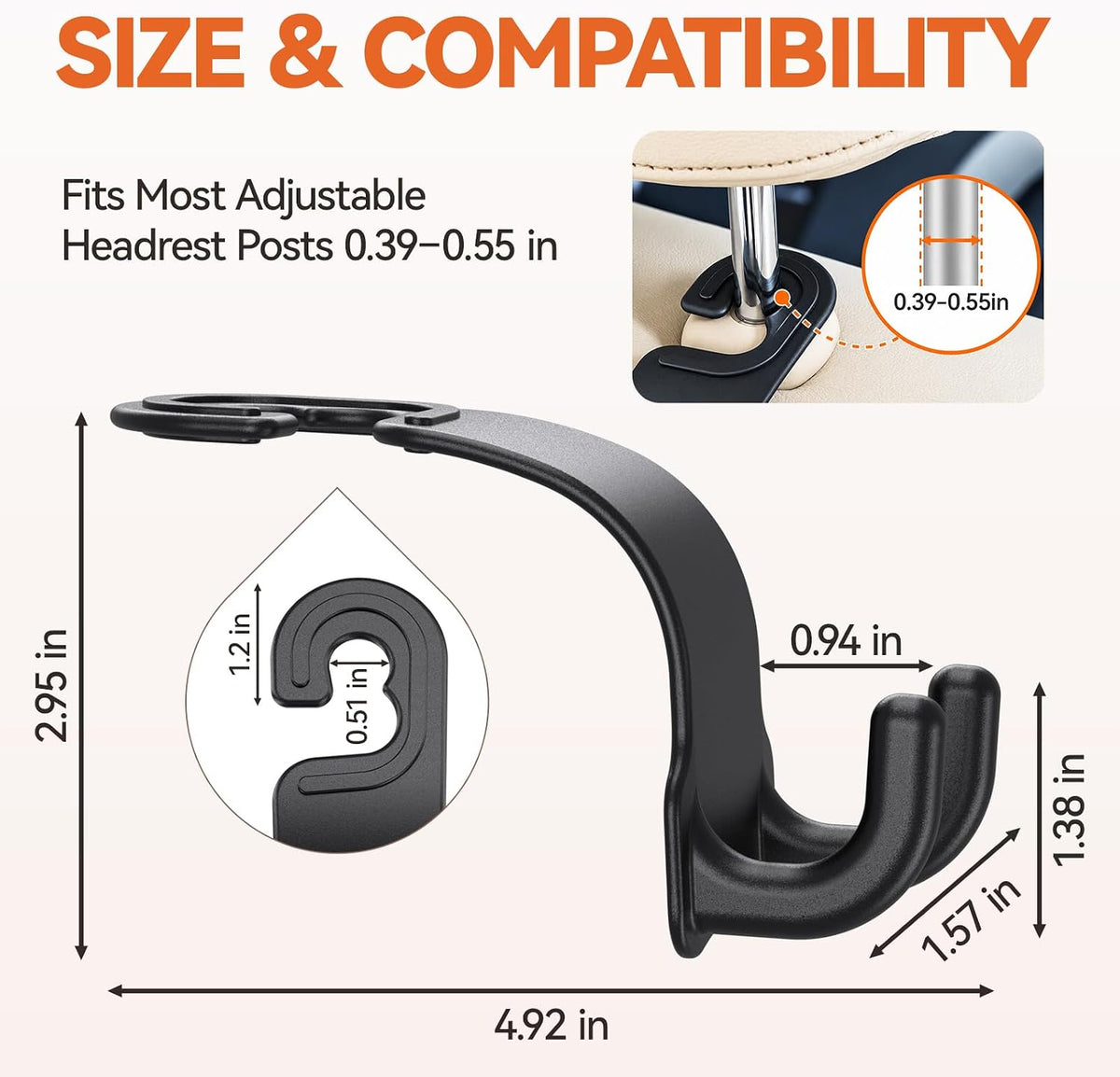 4 Pack Car Headrest Hooks, Dual Hook Seat Back Hangers with 360° Rotation, 55 lb Capacity, Car Organizer for Purses, Grocery Bags, Backpacks and Umbrellas, Black