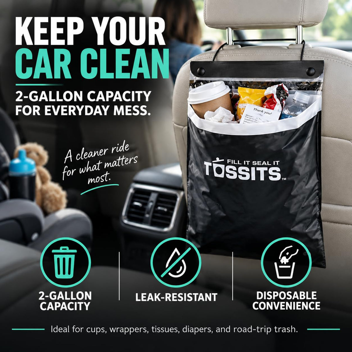 Tossits Hanging Car Trash & Garbage Bags, Disposable, Black 7 Count