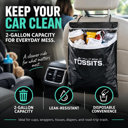 Tossits Hanging Car Trash & Garbage Bags, Disposable, Black 7 Count