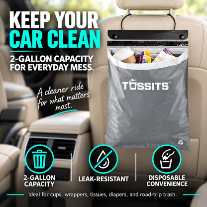 Tossits Hanging Car Trash & Garbage Bags, Disposable, Gray 7 Count