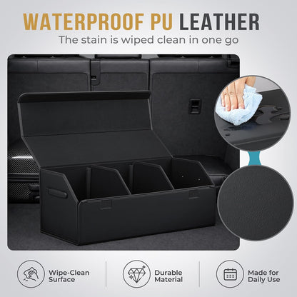 Car Trunk Organizer for SUV & Sedan - Magnetic Lid, Large Capacity PU Leather Waterproof Foldable Storage Box, Adjustable Dividers and Side Handles, Tools, Snacks & Auto Accessories, 29.5"x13"x11.4"