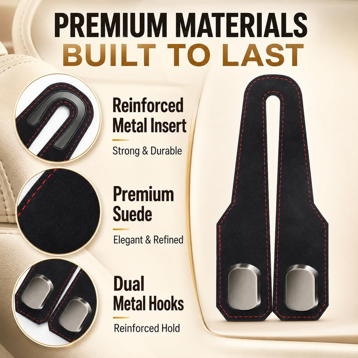2 Pack Car Headrest Hooks, Dual Metal Hooks, Stylish Black
