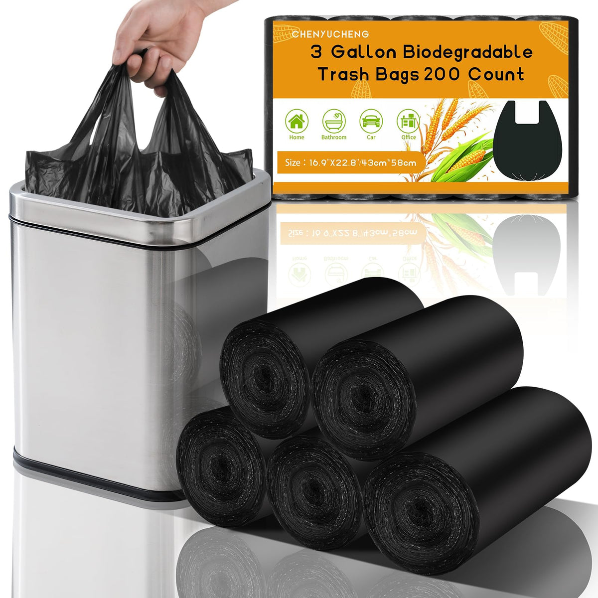 Small Bathroom Trash Bags 2 Gallon - Black Mini Garbage Bags With Handle Biodegradable Compostable 100 Count Kitchen Office Car Little Waste Basket Unscented Tiny Liners Strong Thick Chenyucheng