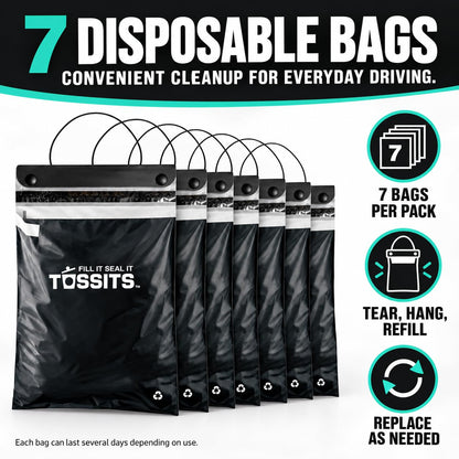Tossits Hanging Car Trash & Garbage Bags, Disposable, Black 7 Count