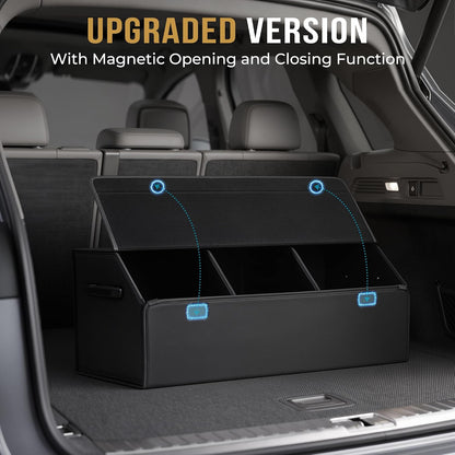 Car Trunk Organizer for SUV & Sedan - Magnetic Lid, Large Capacity PU Leather Waterproof Foldable Storage Box, Adjustable Dividers and Side Handles, Tools, Snacks & Auto Accessories, 29.5"x13"x11.4"