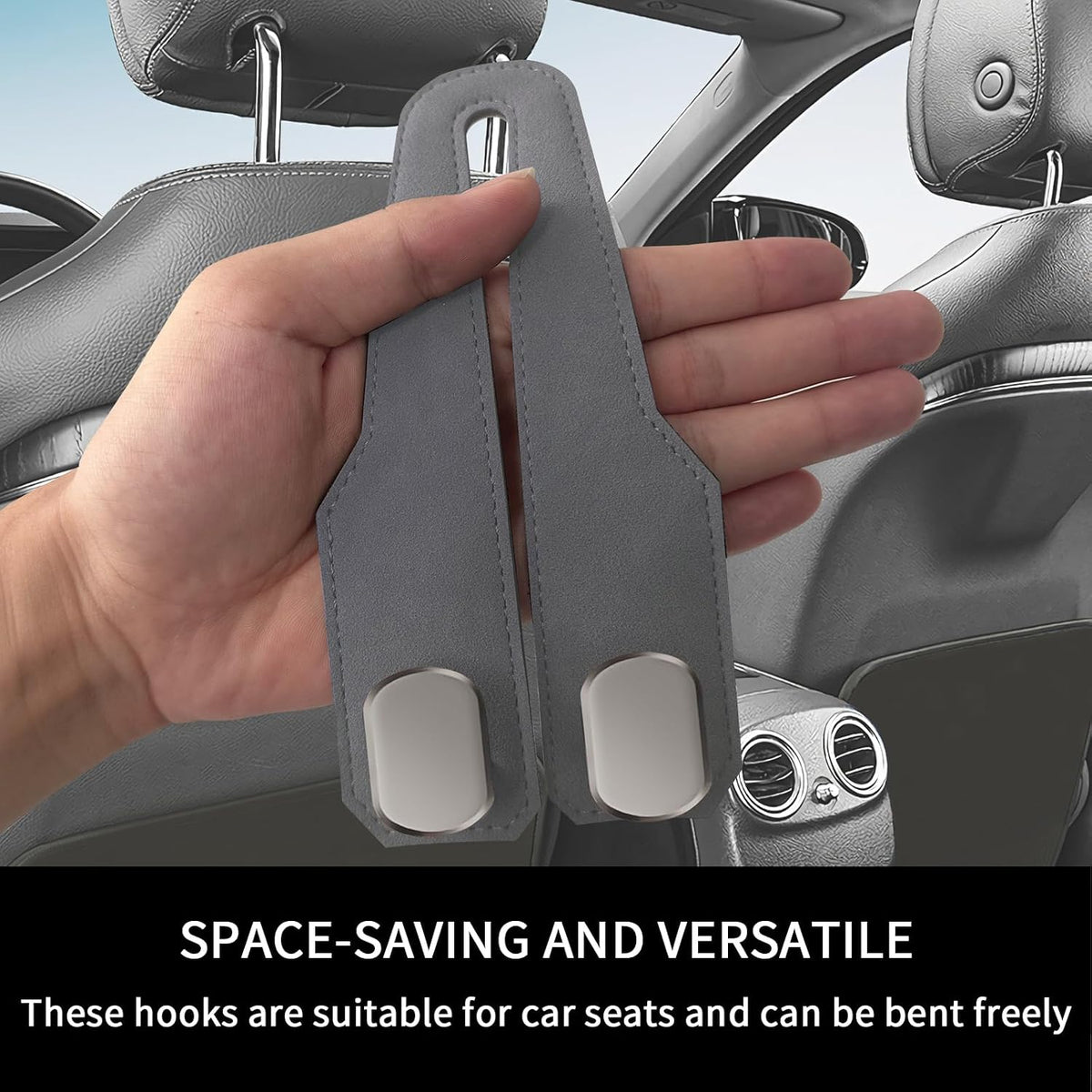 Car Purse Hook, Car Seat Headrest Hooks, Grey Leather 2 Pack