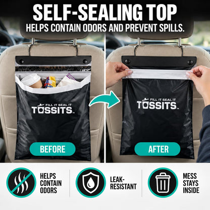 Tossits Hanging Car Trash & Garbage Bags, Disposable, Black 7 Count