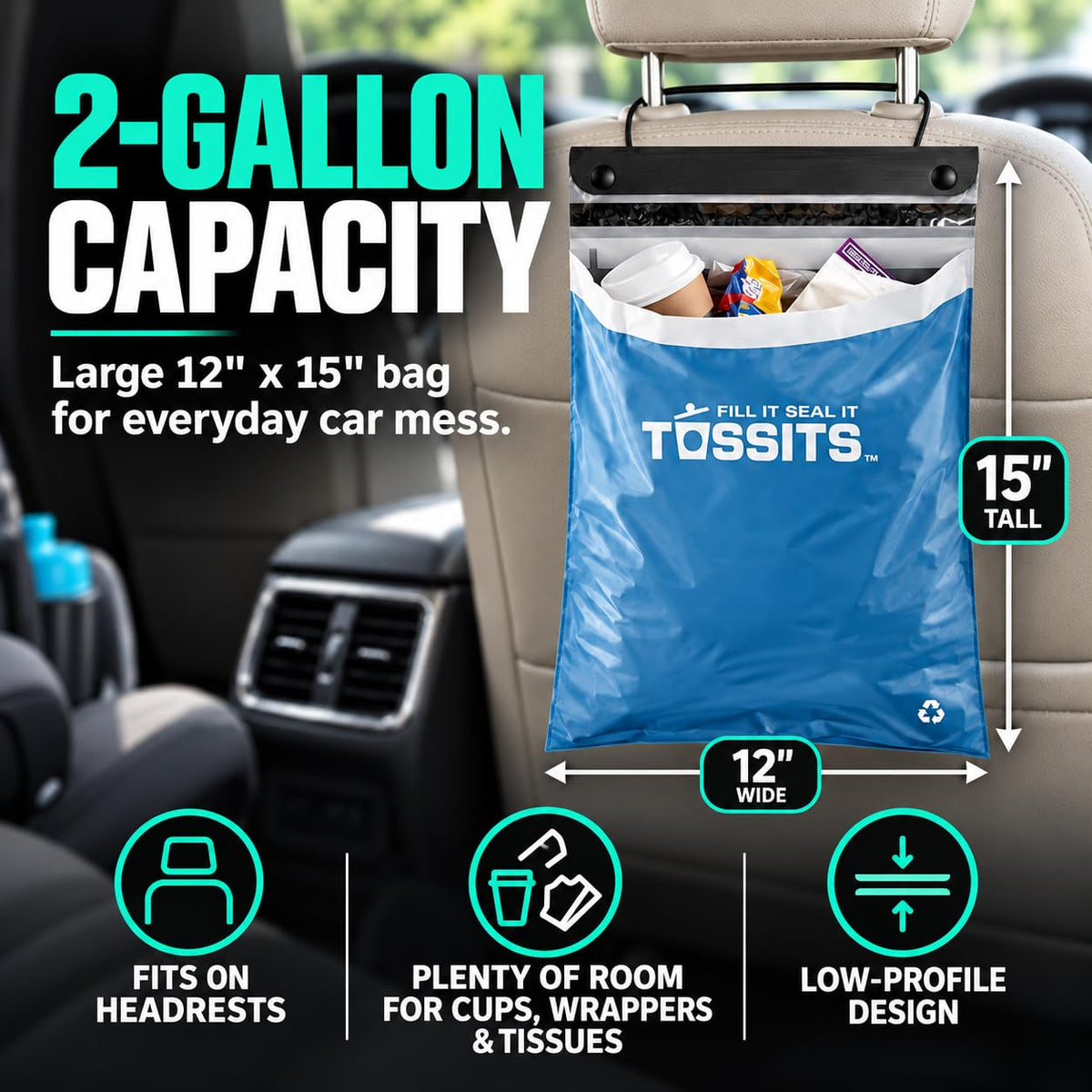 Tossits Hanging Car Trash & Garbage Bags, Disposable, Blue 21 Count