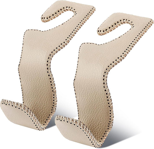 Car Seat Hooks for Purses and Bags, 2 Pack Car Purse Holder for Grocery Bag Handbag Clothes, Metal Headrest Hooks Covered by Leather, Beige