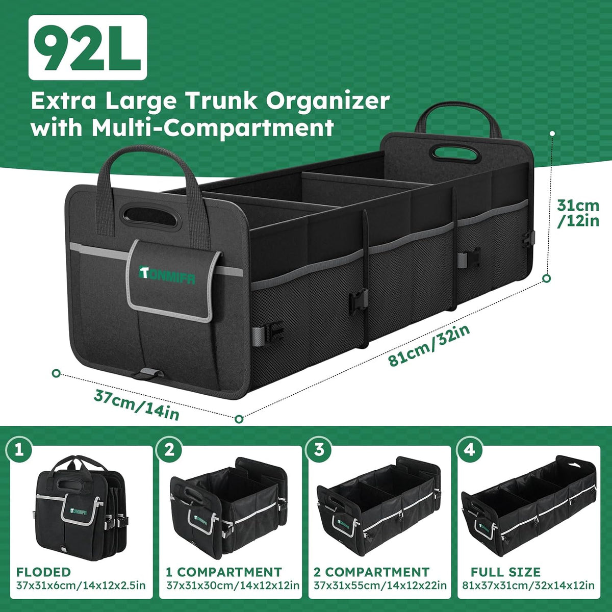 Heavy-Duty Trunk Organizer & Multi-Compartment Storage Box for SUV/Sedan/Minivan,600D Waterproof Oxford,2 Securing Hooks & Reflective Strips-Large Capacity Organiser(92L)