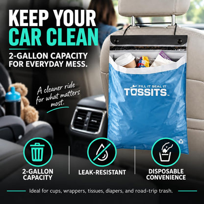 Tossits Hanging Car Trash & Garbage Bags, Disposable, Blue 21 Count