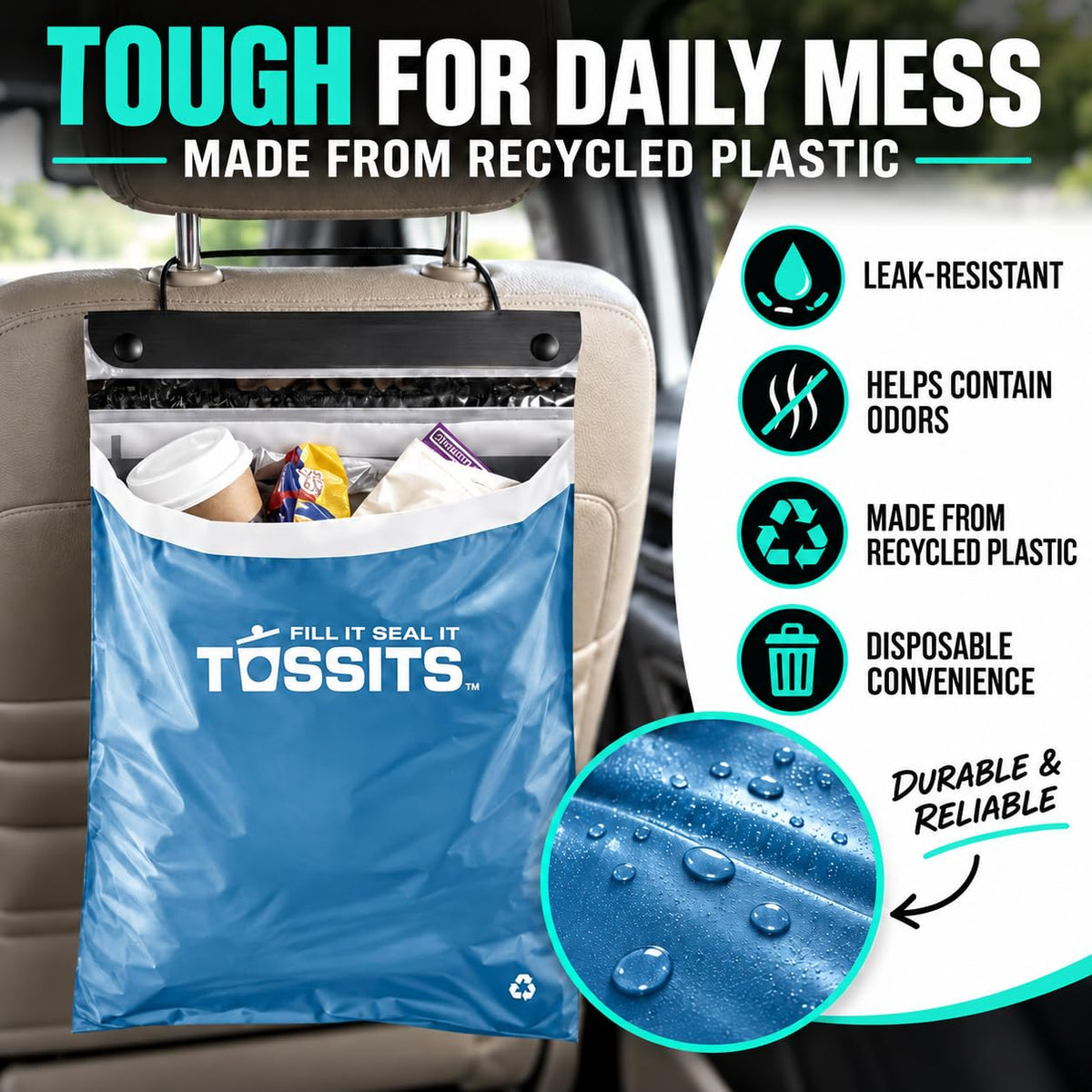 Tossits Hanging Car Trash & Garbage Bags, Disposable, Blue 21 Count