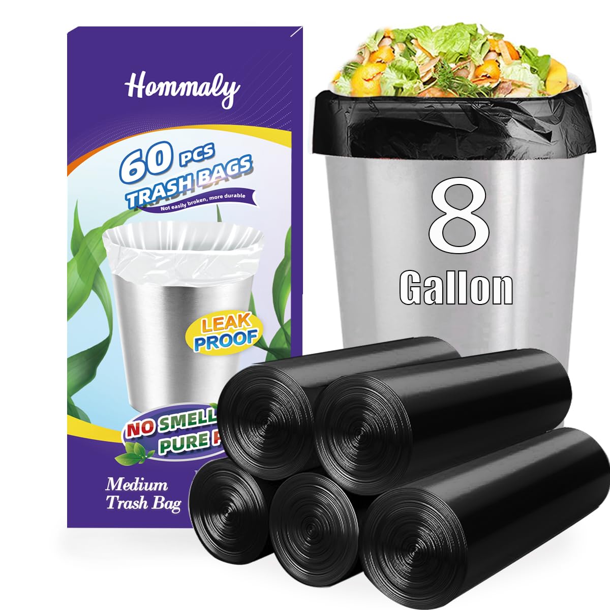 Hommaly 2 Gallon (1.8-2 Gal)120 pcs Small Clear Trash Bags, Strong 1.8 Gallon Garbage Bags, Bathroom Trash Can Bin Liners Unscented, Mini Plastic Bags for Office, Waste Basket Liner,Fit 6,7,8 Liters