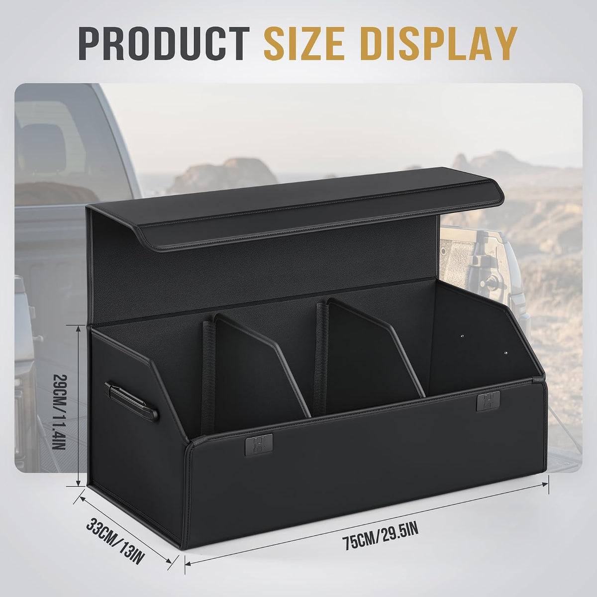 Car Trunk Organizer for SUV & Sedan - Magnetic Lid, Large Capacity PU Leather Waterproof Foldable Storage Box, Adjustable Dividers and Side Handles, Tools, Snacks & Auto Accessories, 29.5"x13"x11.4"