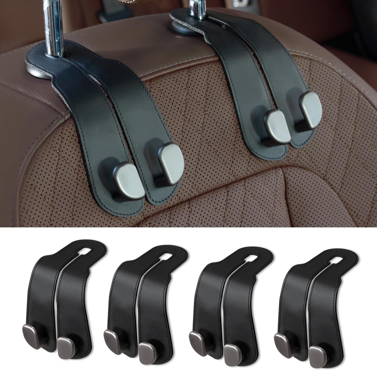CoBak Purse Hook for Car - Universal Premium Stitched Leather and Aluminum-Magnesium Alloy Double Car Seat Back Storage Hook for Purses, Handbags, Bags (2 Pack),Beige