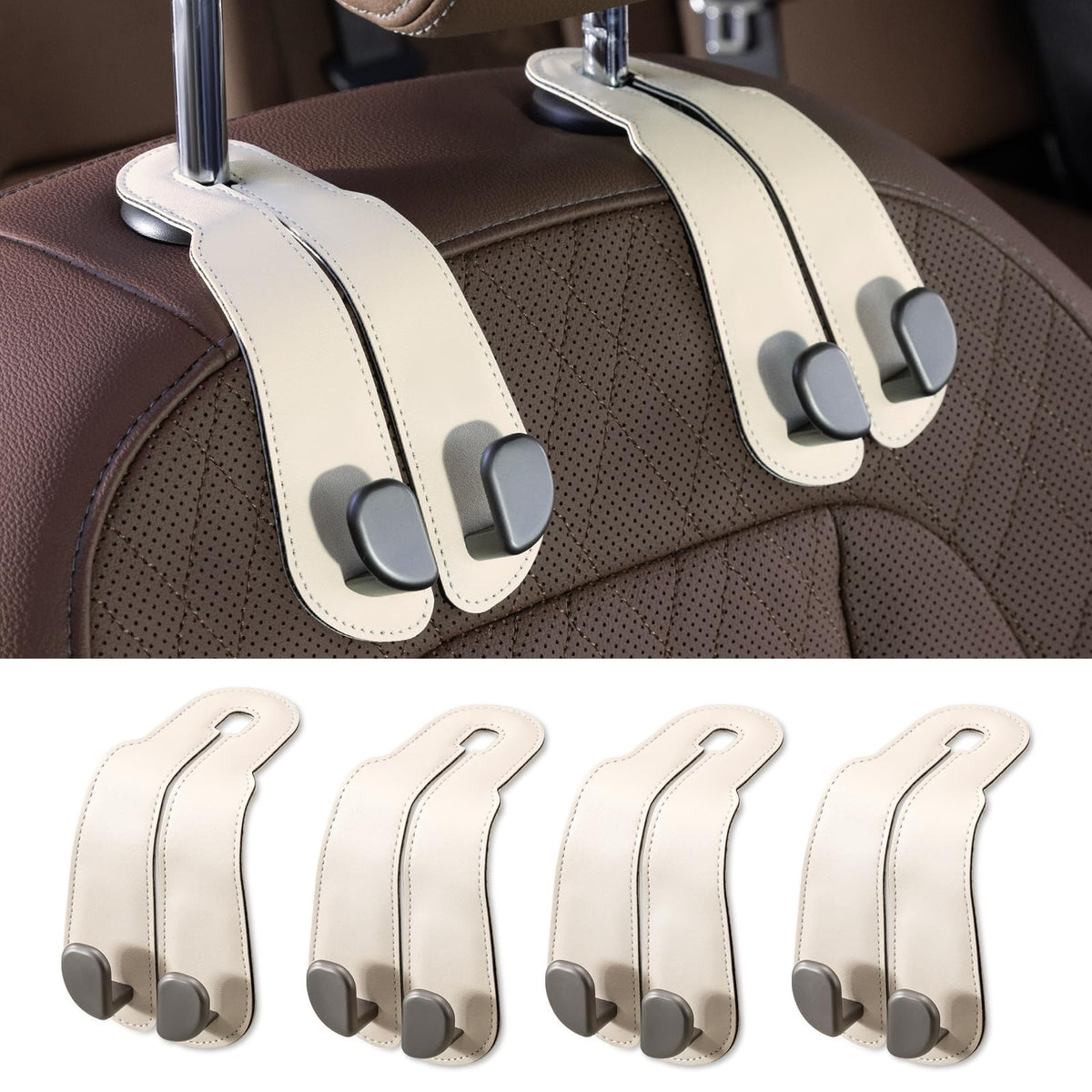 CoBak Purse Hook for Car - Universal Premium Stitched Leather and Aluminum-Magnesium Alloy Double Car Seat Back Storage Hook for Purses, Handbags, Bags (2 Pack),Beige