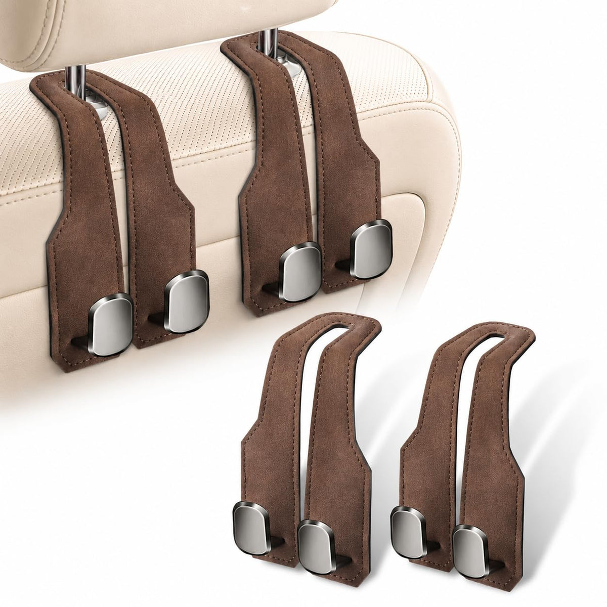 2 Pack Car Headrest Hooks, Dual Metal Hooks, Stylish Black