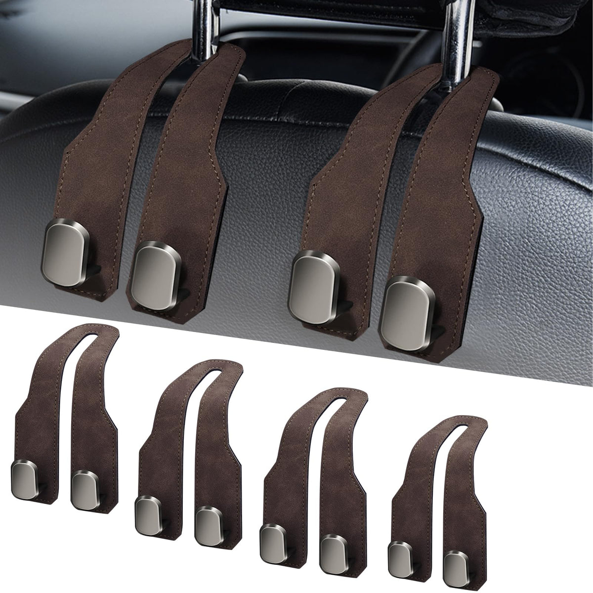Car Purse Hook, Car Seat Headrest Hooks, Grey Leather 2 Pack
