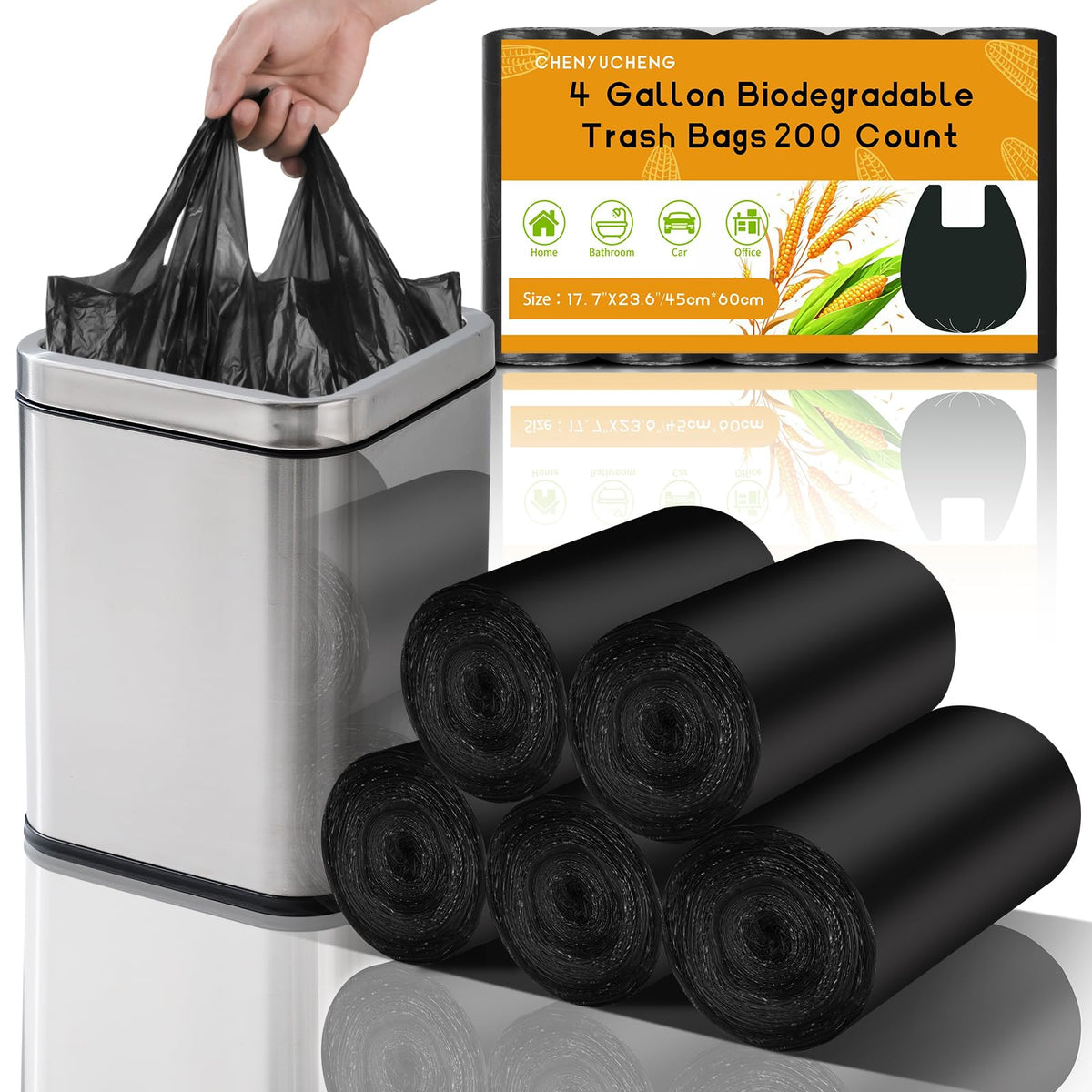 Small Bathroom Trash Bags 2 Gallon - Black Mini Garbage Bags With Handle Biodegradable Compostable 100 Count Kitchen Office Car Little Waste Basket Unscented Tiny Liners Strong Thick Chenyucheng