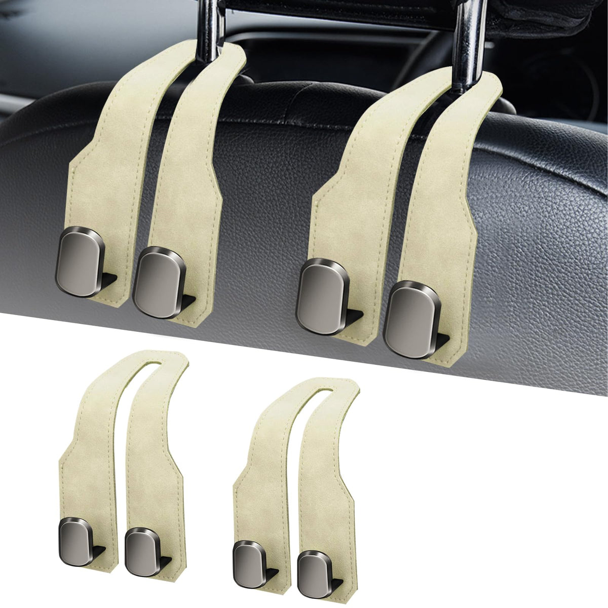 Car Purse Hook, Car Seat Headrest Hooks, Grey Leather 2 Pack