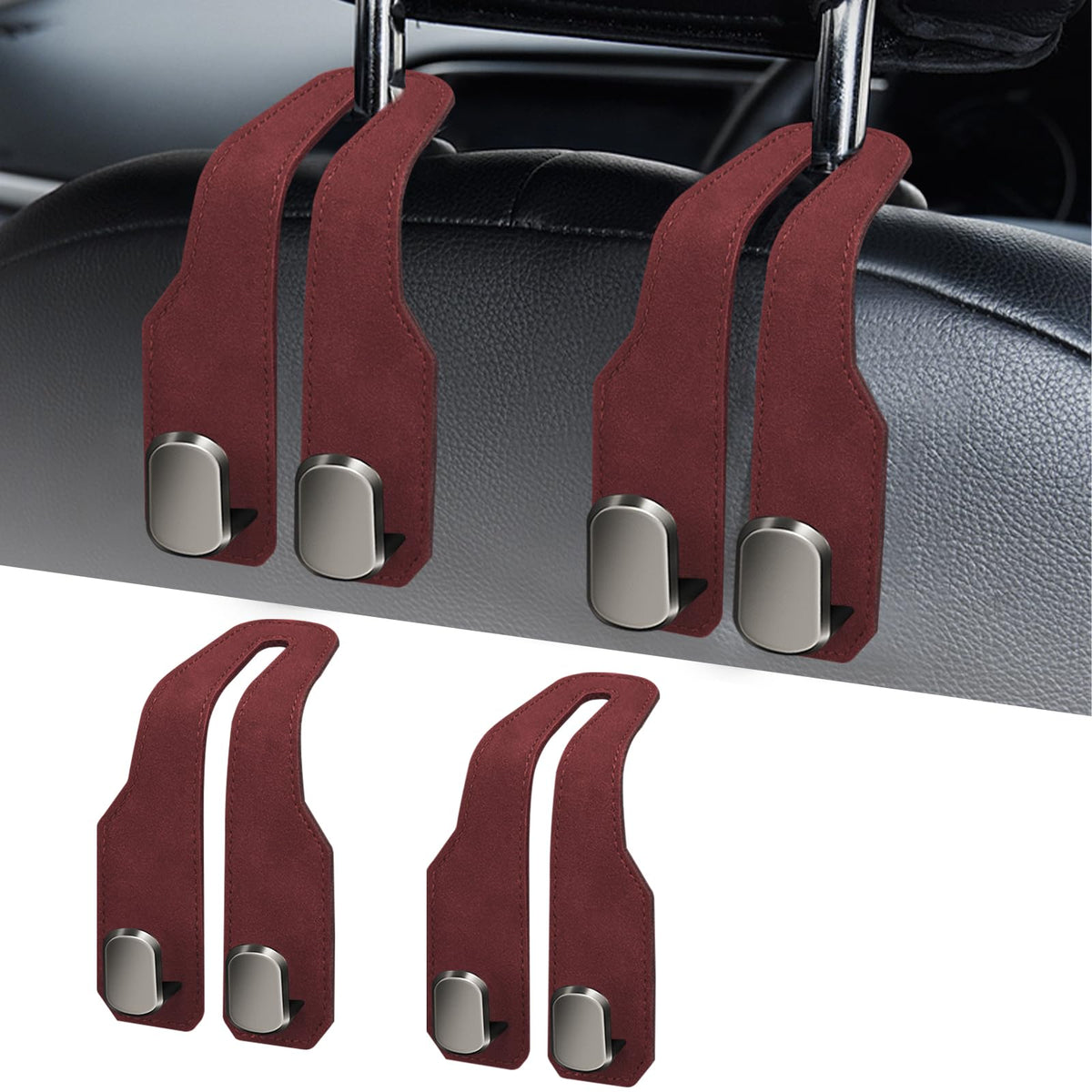 Car Purse Hook, Car Seat Headrest Hooks, Grey Leather 2 Pack