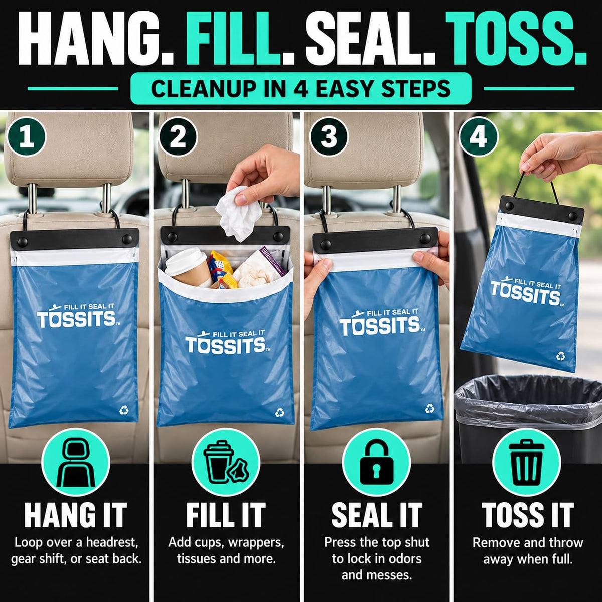 Tossits Hanging Car Trash & Garbage Bags, Disposable, Blue 21 Count