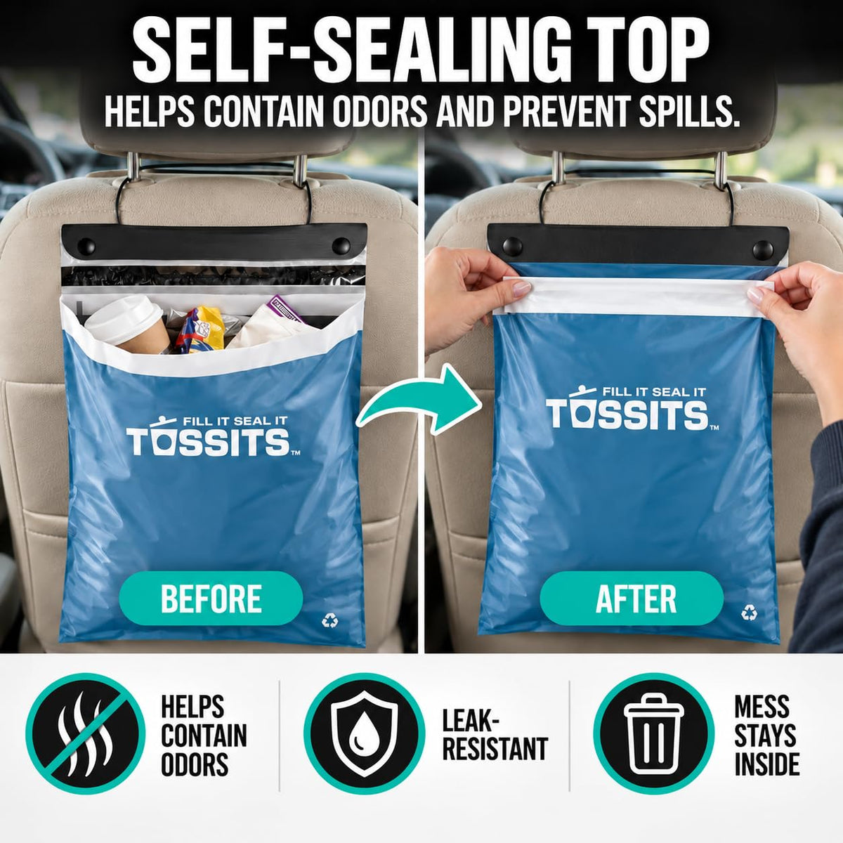 Tossits Hanging Car Trash & Garbage Bags, Disposable, Blue 21 Count