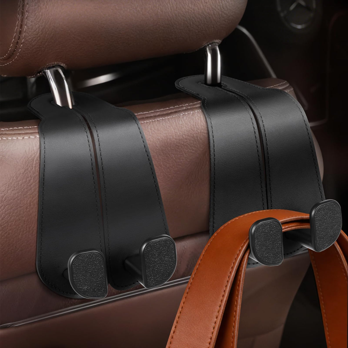 CoBak Purse Hook for Car - Universal Premium Stitched Leather and Aluminum-Magnesium Alloy Double Car Seat Back Storage Hook for Purses, Handbags, Bags (2 Pack),Beige