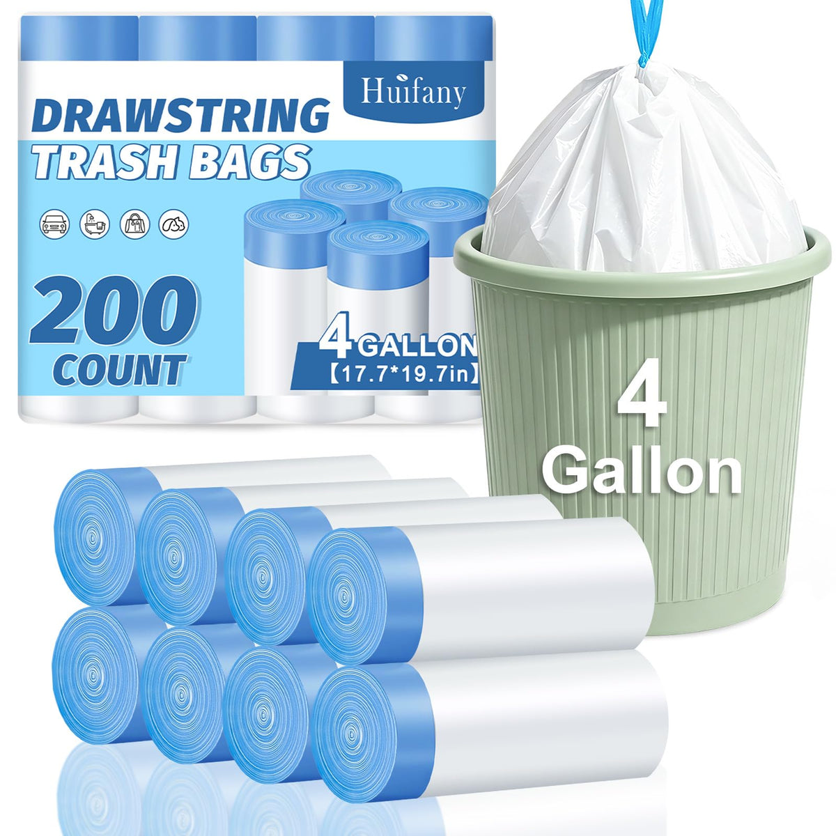 4 Gallon 200 Count Drawstring White Unscented Small Trash Bags