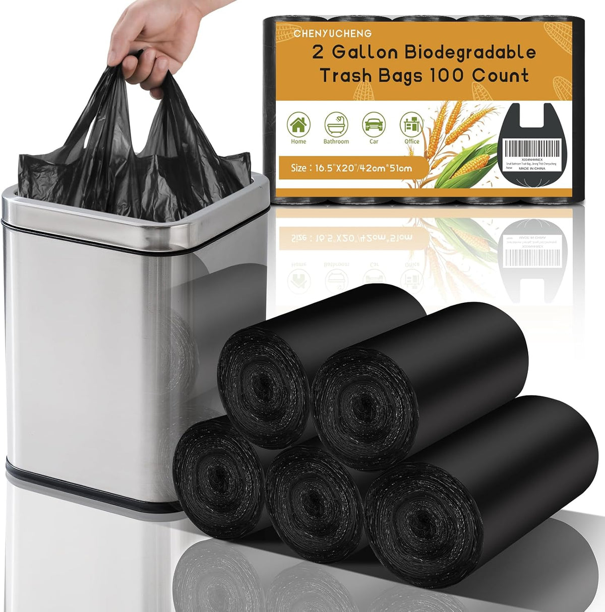Small Bathroom Trash Bags 2 Gallon - Black Mini Garbage Bags With Handle Biodegradable Compostable 100 Count Kitchen Office Car Little Waste Basket Unscented Tiny Liners Strong Thick Chenyucheng
