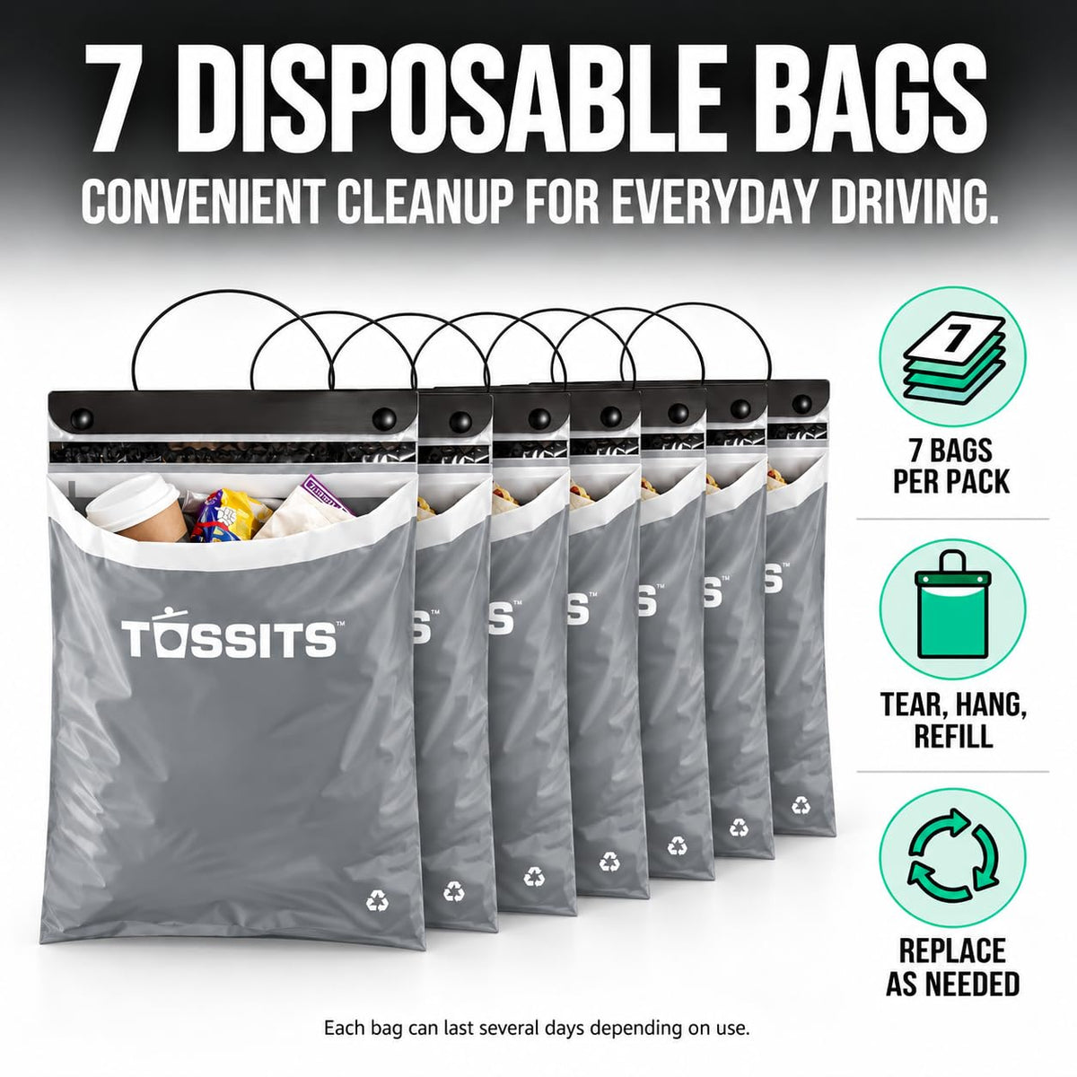 Tossits Hanging Car Trash & Garbage Bags, Disposable, Gray 7 Count