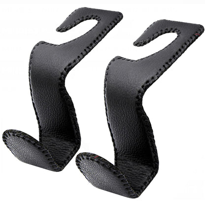 EldHus Headrest Hooks for Purses and Bags, 2 Pack Car Seat Hooks for Grocery Bag Handbag, Metal Car Purse Holder Covered by Leather, Black