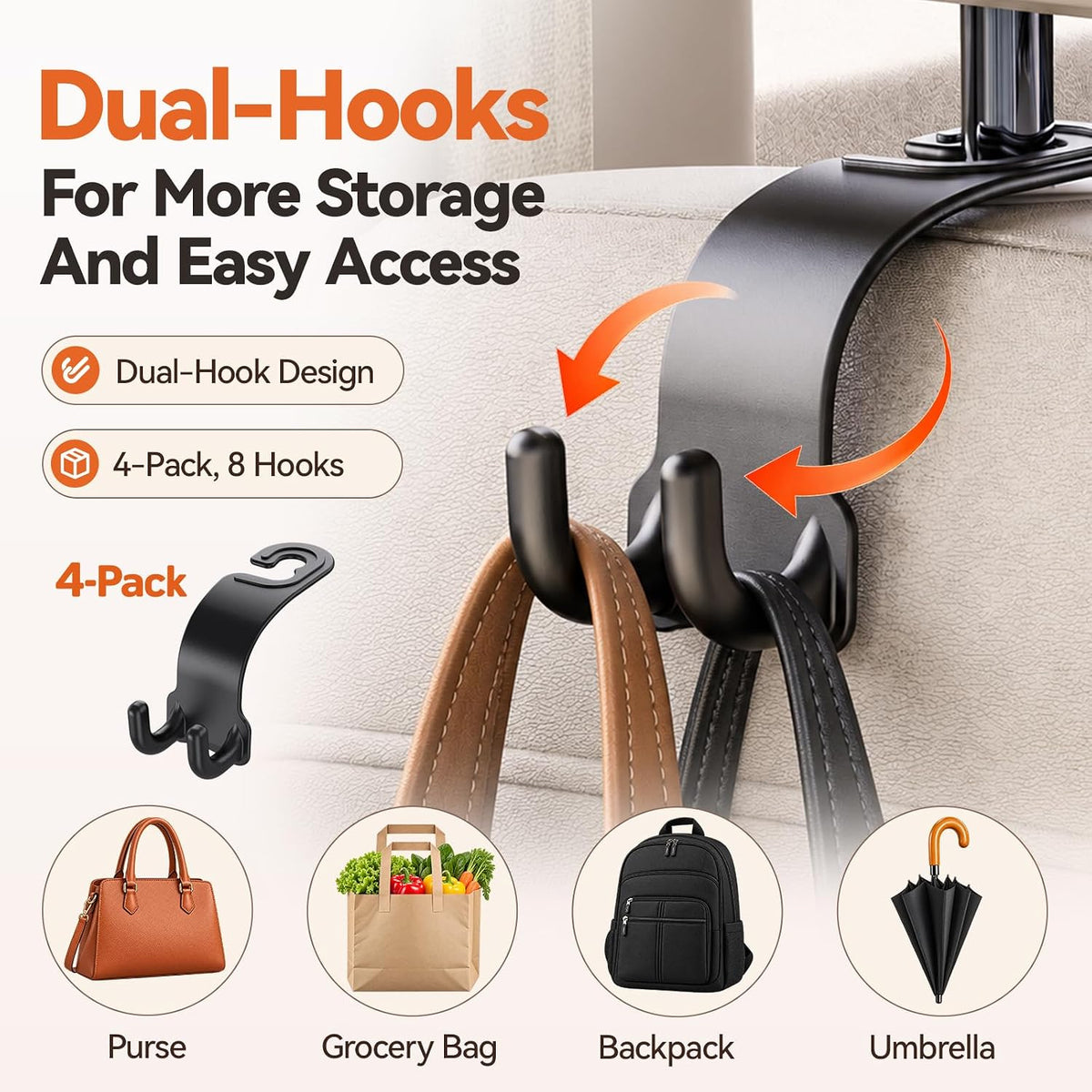 4 Pack Car Headrest Hooks, Dual Hook Seat Back Hangers with 360° Rotation, 55 lb Capacity, Car Organizer for Purses, Grocery Bags, Backpacks and Umbrellas, Black