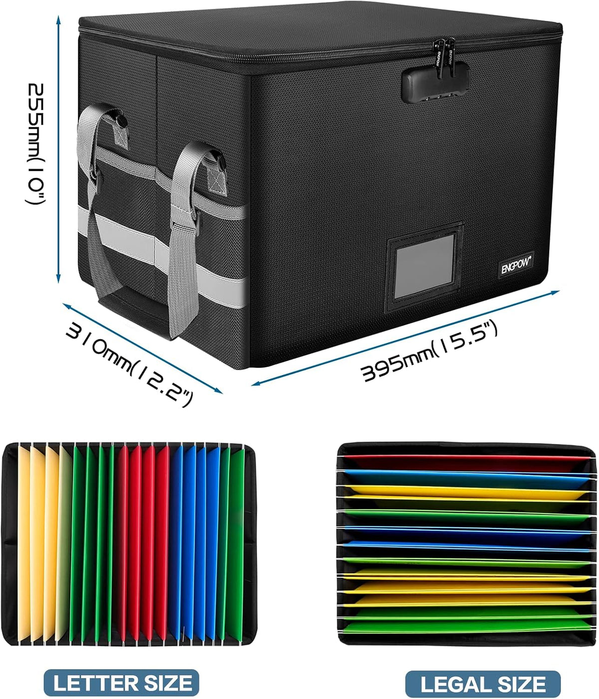 ENGPOW File Box with Lock,Fireproof Document Box with Zipper＆Pockets,Collapsible File Organizer Filing Storage Cabinet with Handle,Portable Home Office Safe for Hanging Letter/Legal Folder,Black