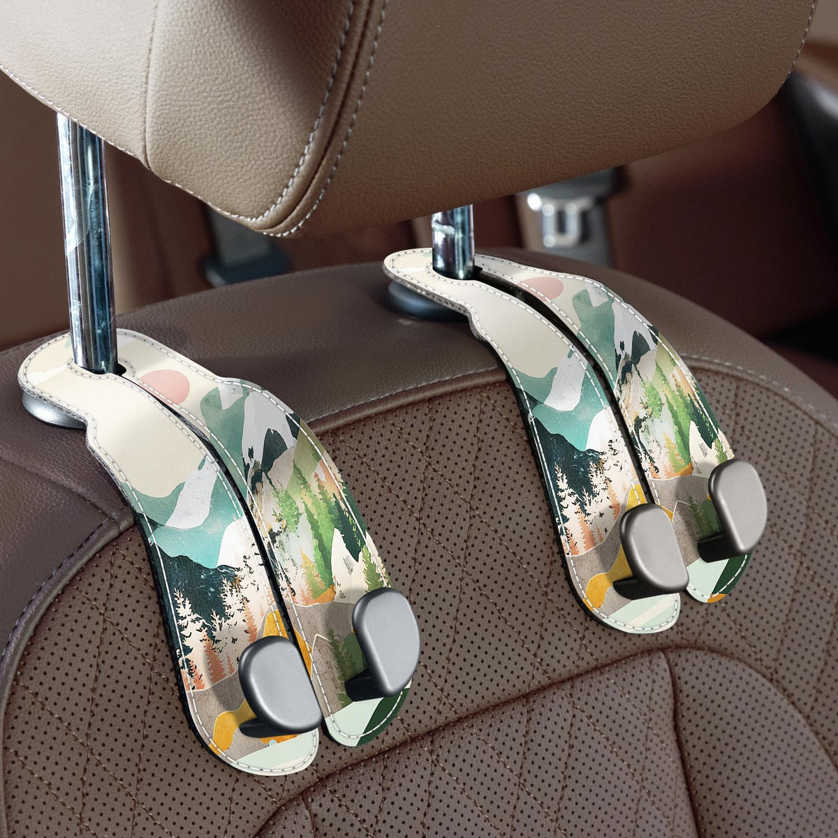 CoBak Purse Hook for Car - Universal Premium Stitched Leather and Aluminum-Magnesium Alloy Double Car Seat Back Storage Hook for Purses, Handbags, Bags (2 Pack),Beige