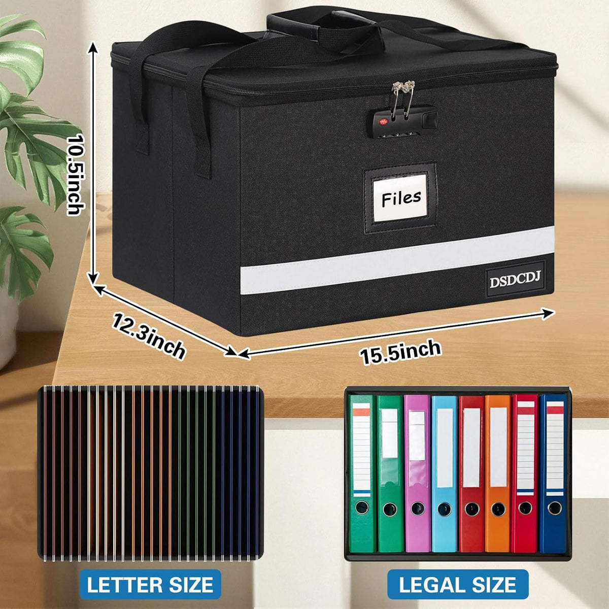 File Box with Lock - Portable File Organizer Box with Handle, Sturdy Important Document Organizer with Label, Slide, Reflective Strip for Hanging Letter/Legal Folder