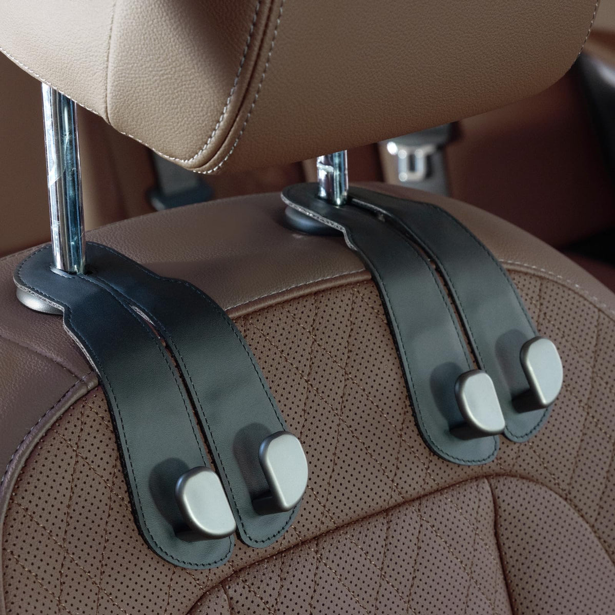 CoBak Purse Hook for Car - Universal Premium Stitched Leather and Aluminum-Magnesium Alloy Double Car Seat Back Storage Hook for Purses, Handbags, Bags (2 Pack),Beige