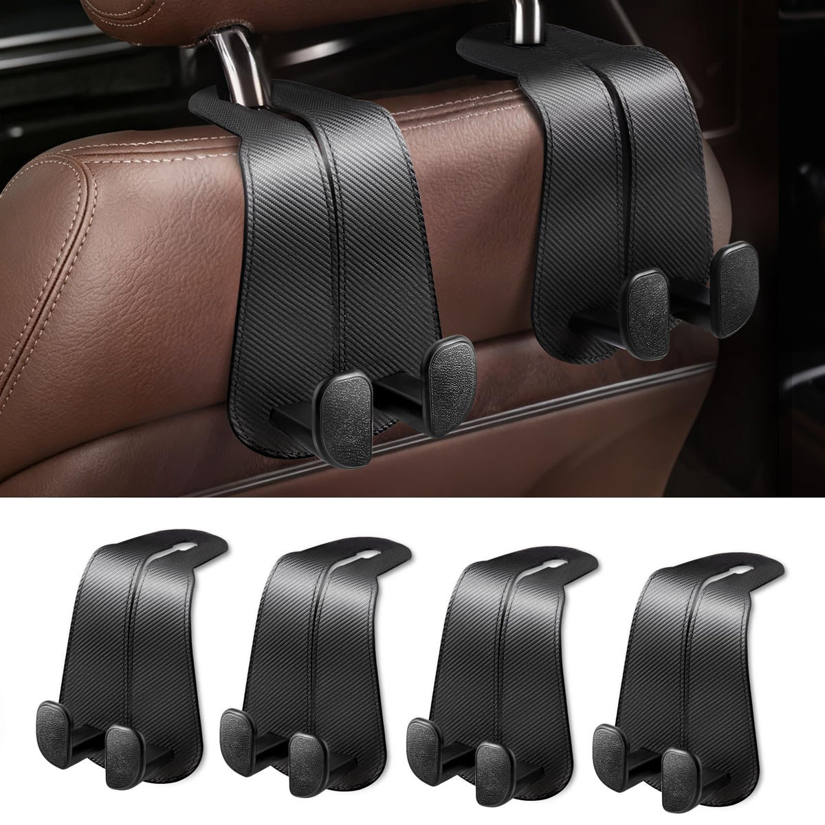 CoBak Purse Hook for Car - Universal Premium Stitched Leather and Aluminum-Magnesium Alloy Double Car Seat Back Storage Hook for Purses, Handbags, Bags (2 Pack),Beige