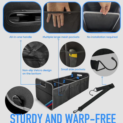 XL Car Trunk Organizer, 4 Compartments, 94L Capacity, Oxford Polyester 600D Material, Easy Fold and Store, Prevents Sliding