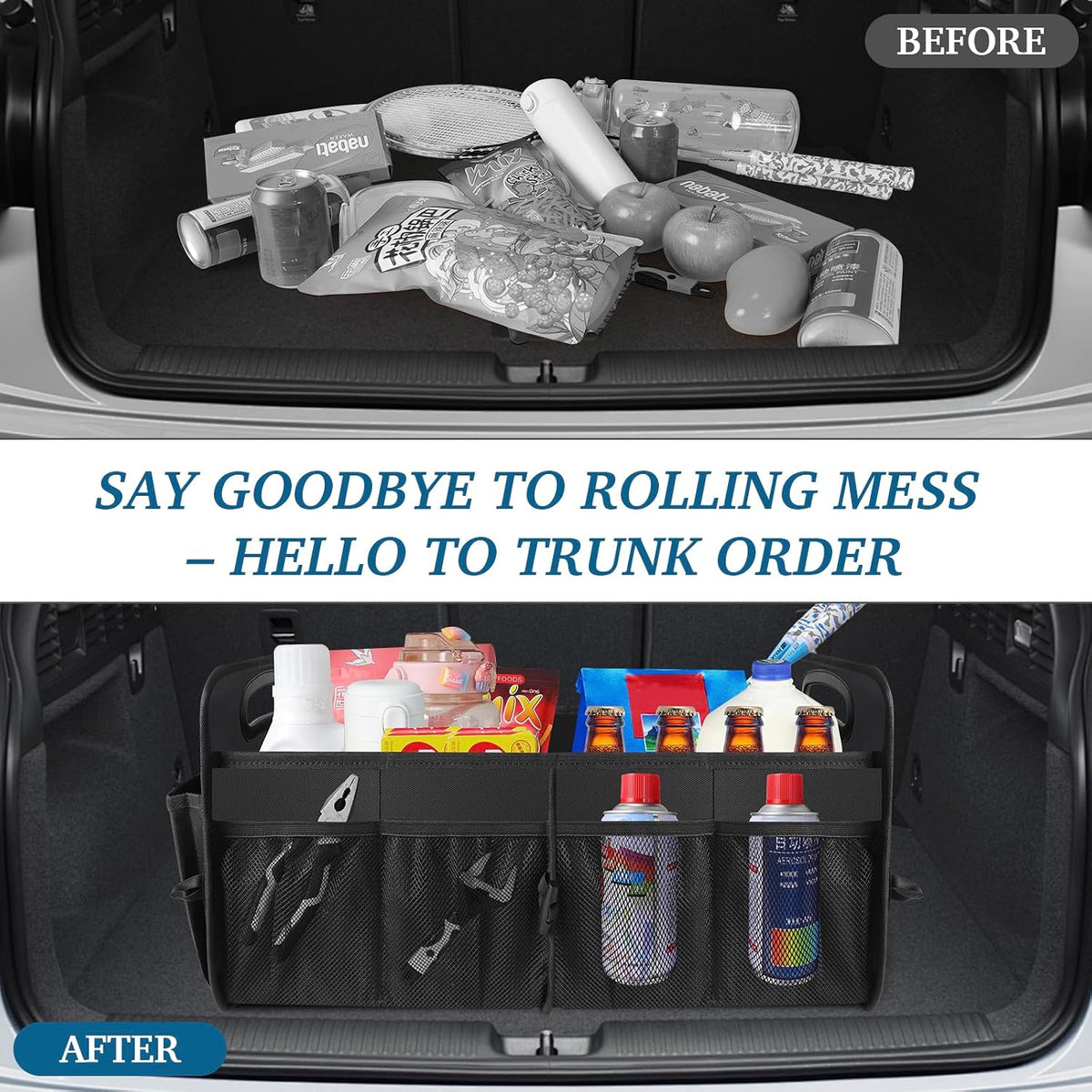Trunk Organizer, Collapsible Waterproof car Trunk Organizer for SUVs & Sedans, Car Storage Organizers with Reinforced Handles, Car Accessories for Women and Men, 2 Compartments, 52L, Black
