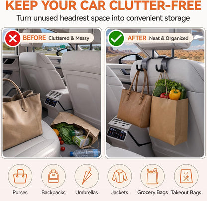 4 Pack Car Headrest Hooks, Dual Hook Seat Back Hangers with 360° Rotation, 55 lb Capacity, Car Organizer for Purses, Grocery Bags, Backpacks and Umbrellas, Black