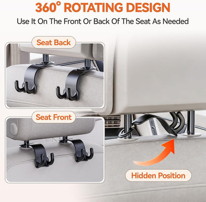 4 Pack Car Headrest Hooks, Dual Hook Seat Back Hangers with 360° Rotation, 55 lb Capacity, Car Organizer for Purses, Grocery Bags, Backpacks and Umbrellas, Black