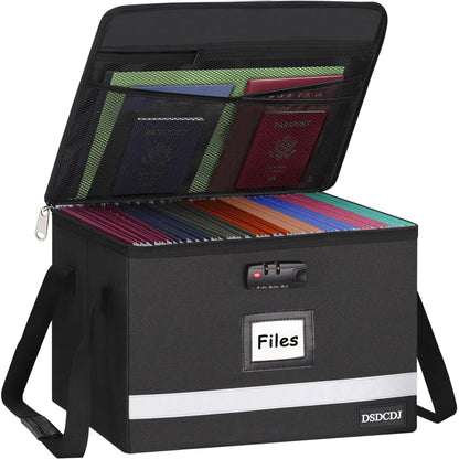 File Box with Lock - Portable File Organizer Box with Handle, Sturdy Important Document Organizer with Label, Slide, Reflective Strip for Hanging Letter/Legal Folder