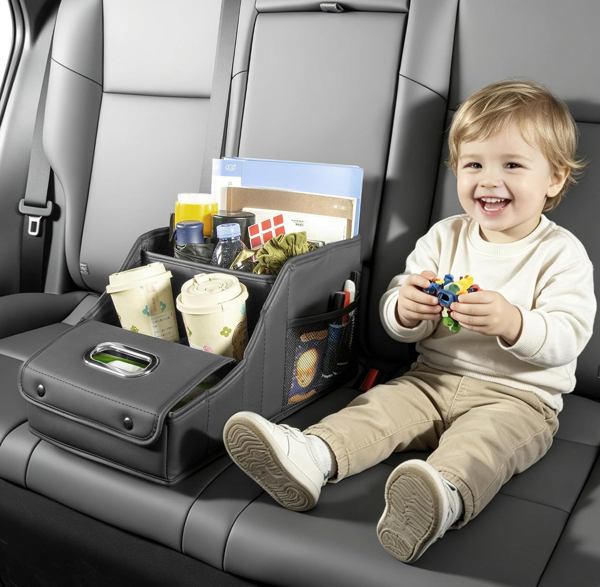 PU Leather Car Seat Organizer Storage Box with Handle & Cup Holders
