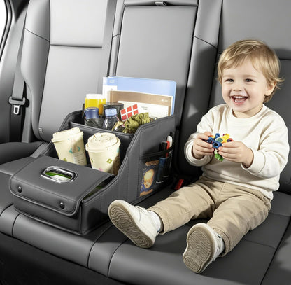 PU Leather Car Seat Organizer Storage Box with Handle & Cup Holders
