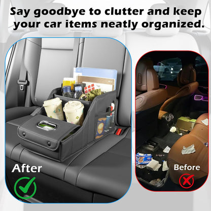 PU Leather Car Seat Organizer Storage Box with Handle & Cup Holders