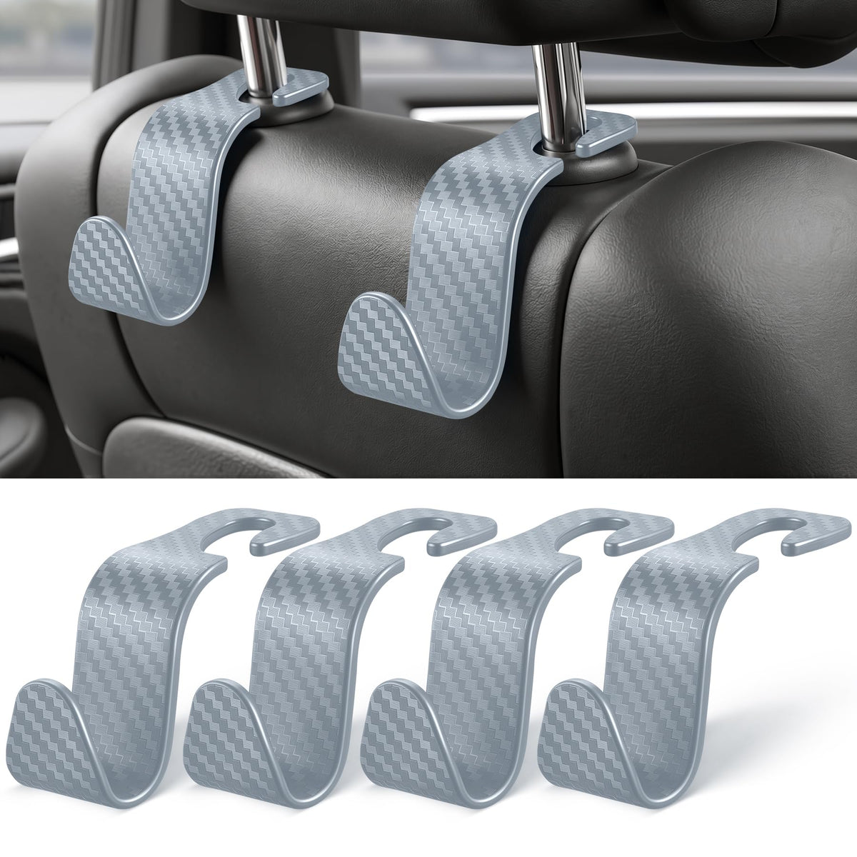 SINGARO 4 Pack Car Seat Headrest Hooks, Vehicle Back Seat Hanger Storage Organizer for Purse Handbag Backpack Coat Grocery, 360° Rotating Heavy Duty Holds 44lbs, Black